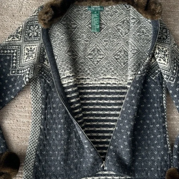 Ralph Lauren Navy and Cream Fair Isle Zip Jacket with Faux Fur Trim - Picture 5 of 16
